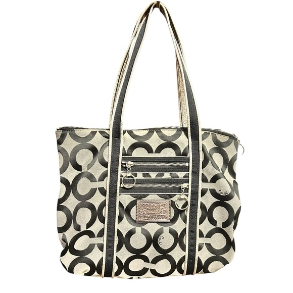 COACH Poppy Black Silver Gray Signature Canvas Large Tote - Picture 1 of 15
